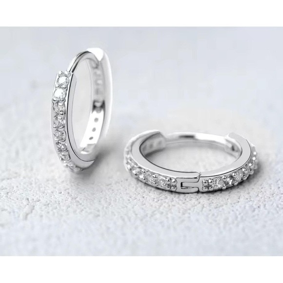 Sterling Silver Small Huggie Hoop Earrings Cubic Zirconia Pave Minimalist 10 mm - Picture 1 of 5